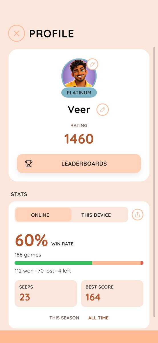 A player profile with an avatar, rating tier and stats