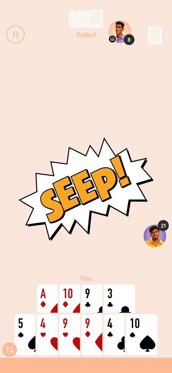 A sweep in Seep, with the in-game SEEP celebration and a full hand of cards